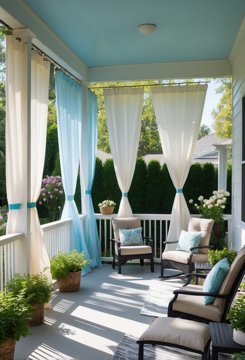 A porch with various light curtains attached by Velcro, surrounding outdoor furniture and overlooking a garden.