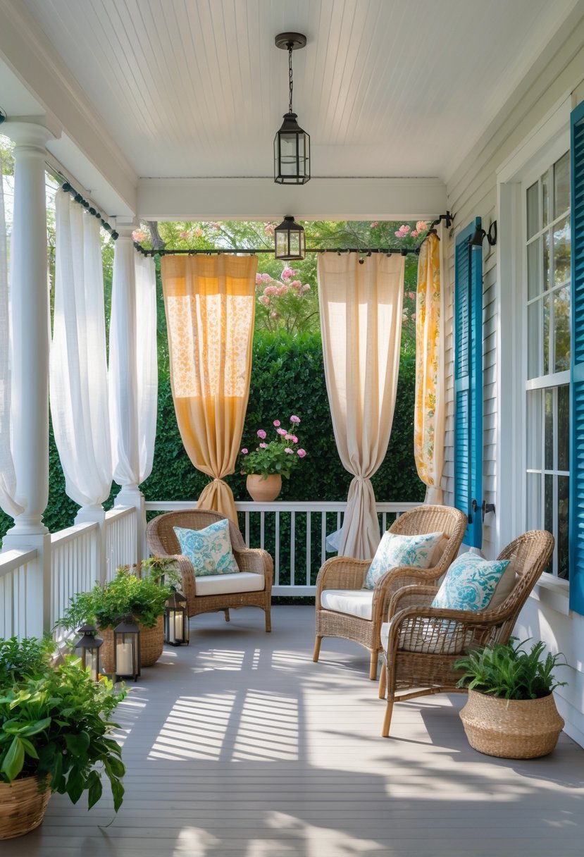 A front porch with ten different types of curtains hanging, surrounded by chairs, plants, and sunlight filtering through.
