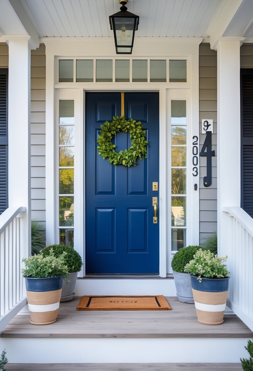 A residential porch entryway with a bold navy blue or red front door, potted plants, and steps leading up to the door.