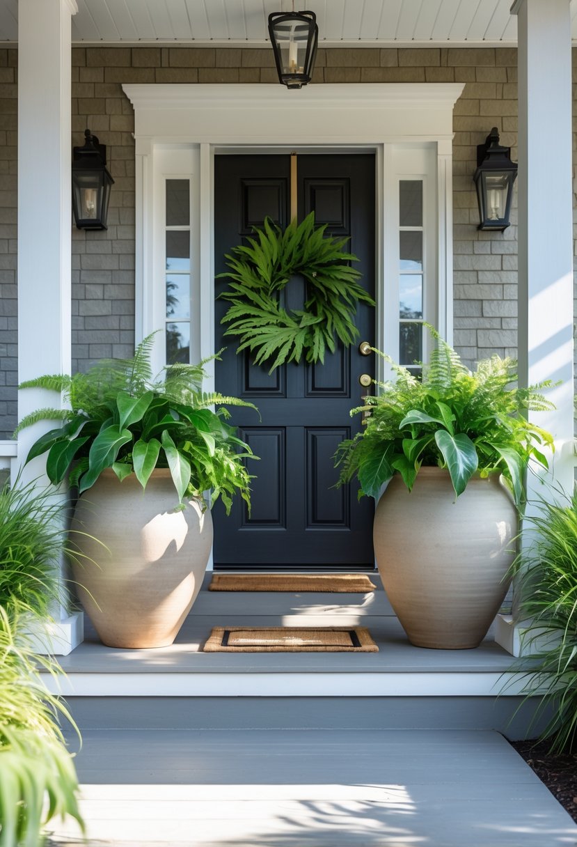 Front porch entryway with large ceramic planters filled with green plants on either side of the door.