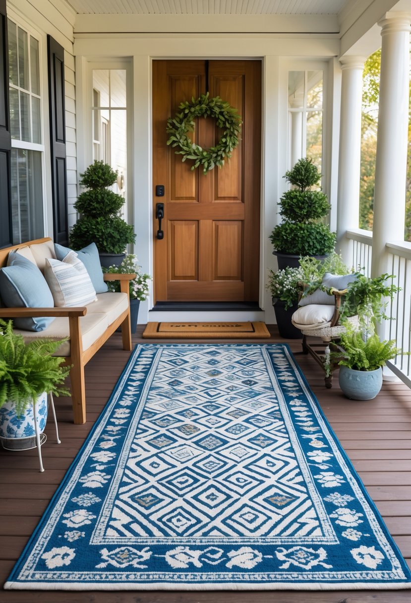 A porch entryway with a patterned outdoor rug, wooden front door, potted plants, and seating.