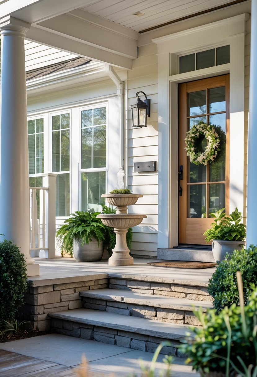 A porch entryway with a small stone water fountain near the front door, surrounded by plants.