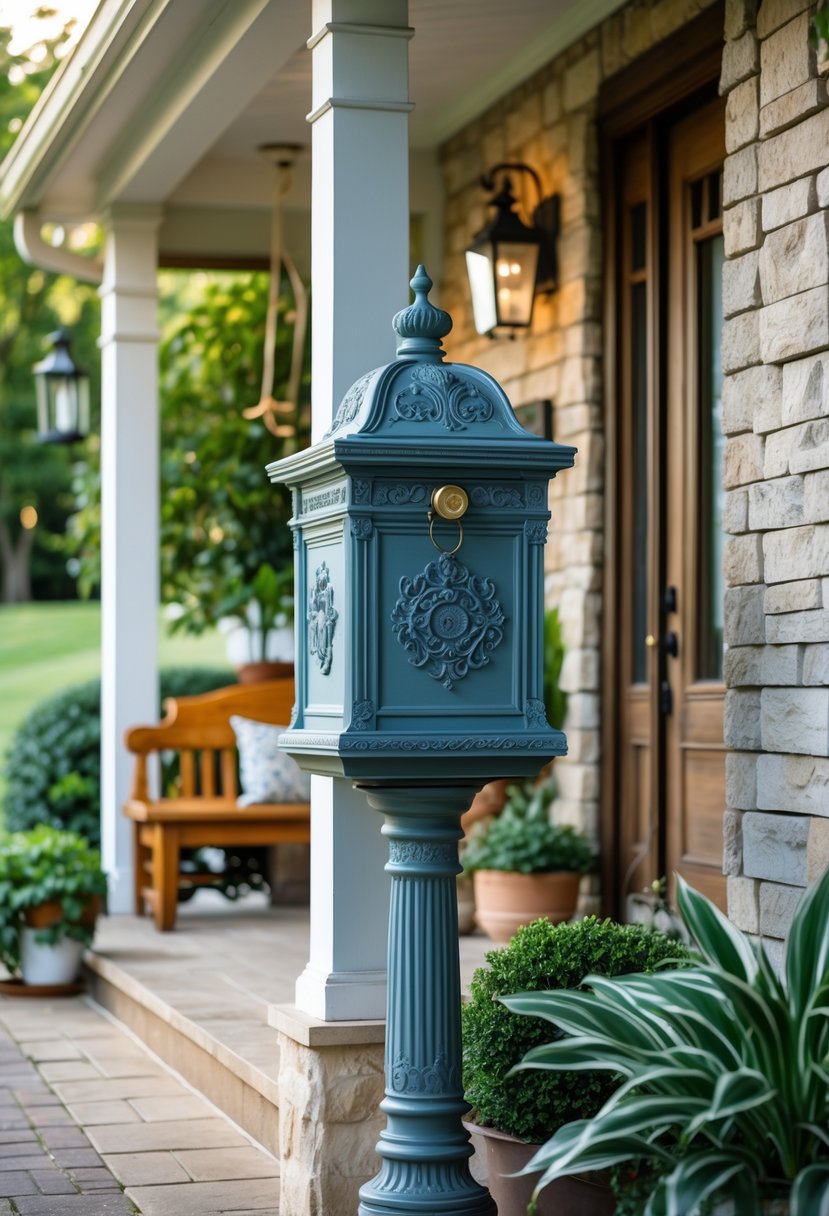 A vintage mailbox with decorative details near a porch entryway featuring plants, a bench, and lanterns.