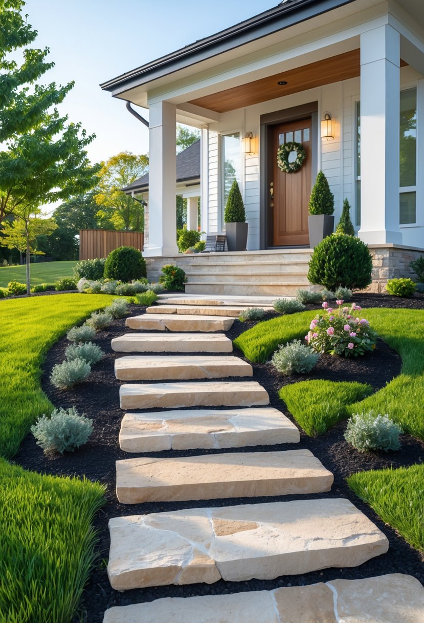 A series of stepping stones leading to a front door porch surrounded by grass and plants.
