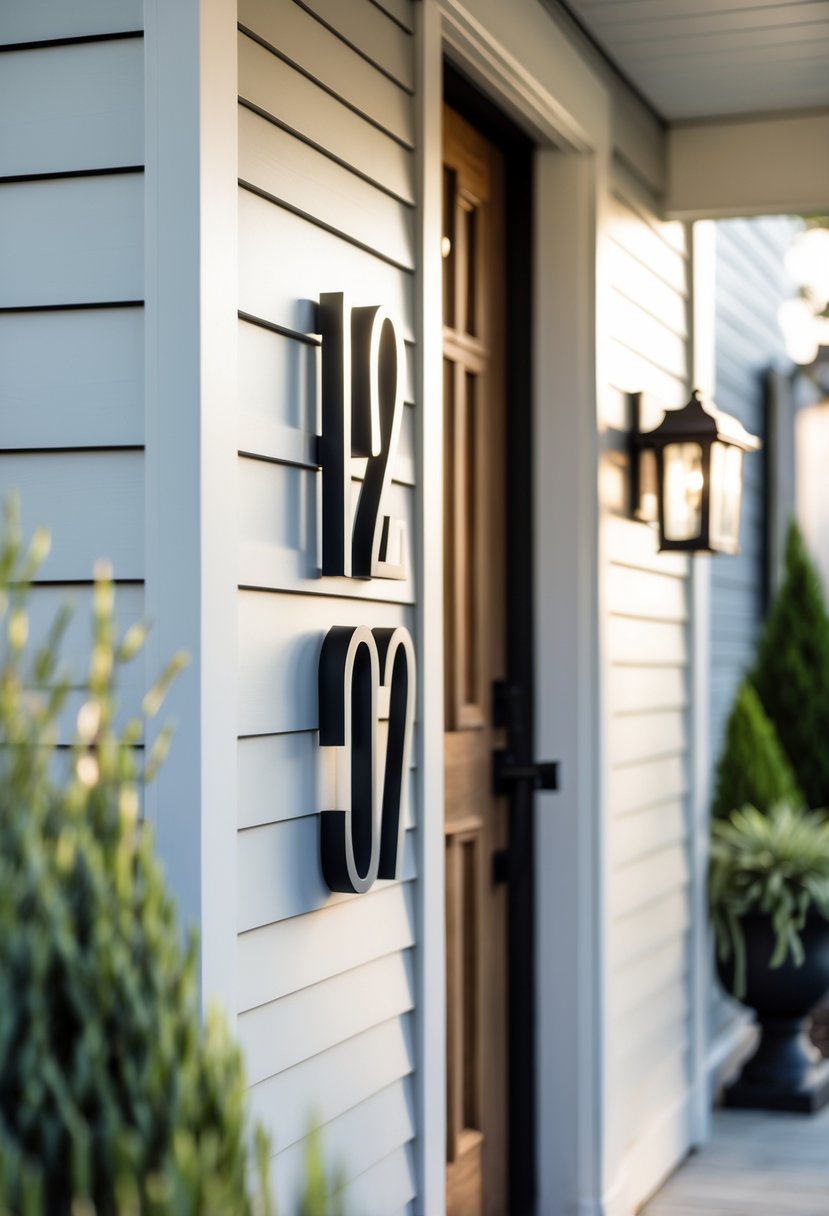 Close-up of sleek metal house numbers mounted on the siding next to a porch entryway with a door and plants.