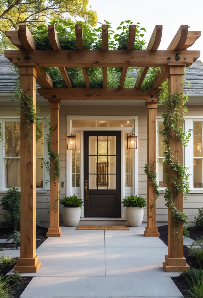 Wooden pergola with climbing vines over a porch entryway in front of a house.