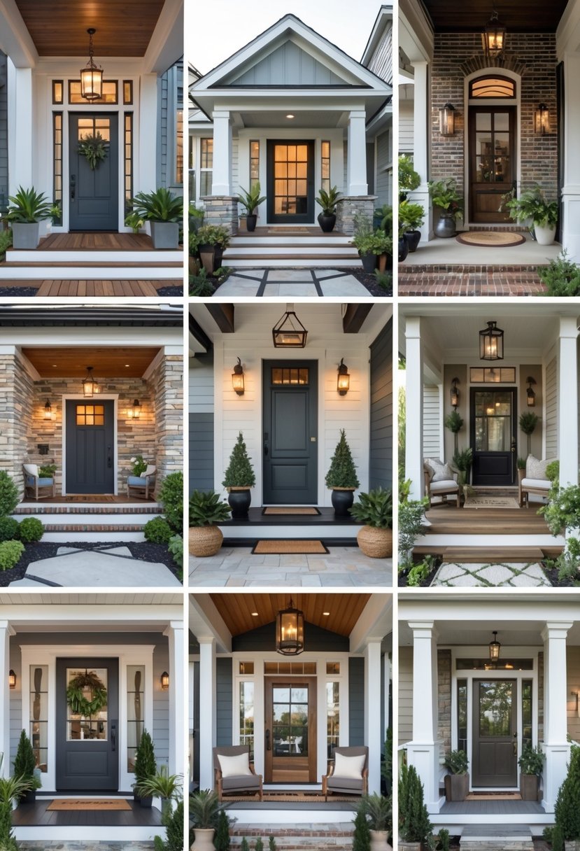 A collection of eleven different porch entryways, each showing a front door with surrounding decorations like plants, lights, and seating.