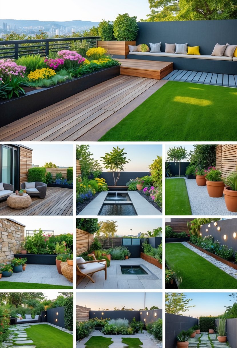 A terrace garden divided into sections showing various landscaping features like wooden decking, green grass, flowering plants, a water fountain, seating area, stone paths, vertical gardens, and garden lights.