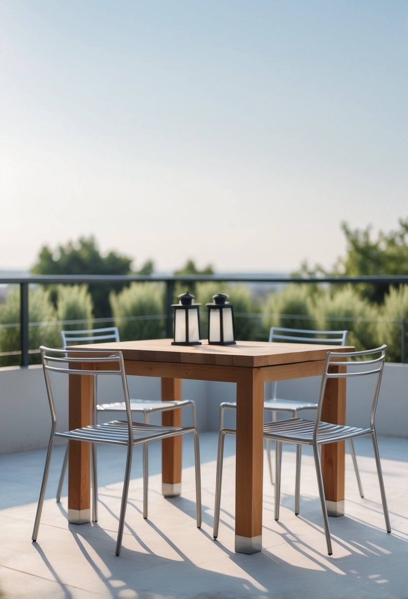 An outdoor terrace with a wooden table and metal chairs arranged around it.