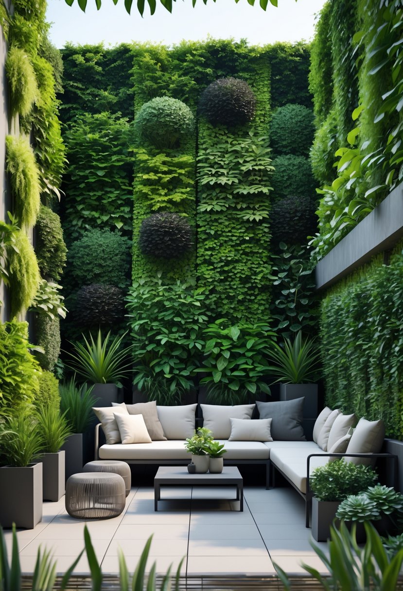 A modern terrace with vertical green living walls providing privacy, furnished with outdoor seating and plants.