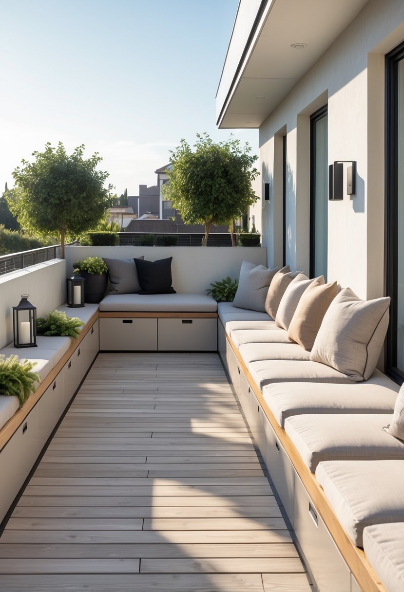 Outdoor terrace with built-in bench seating that has storage compartments underneath, surrounded by plants and natural light.