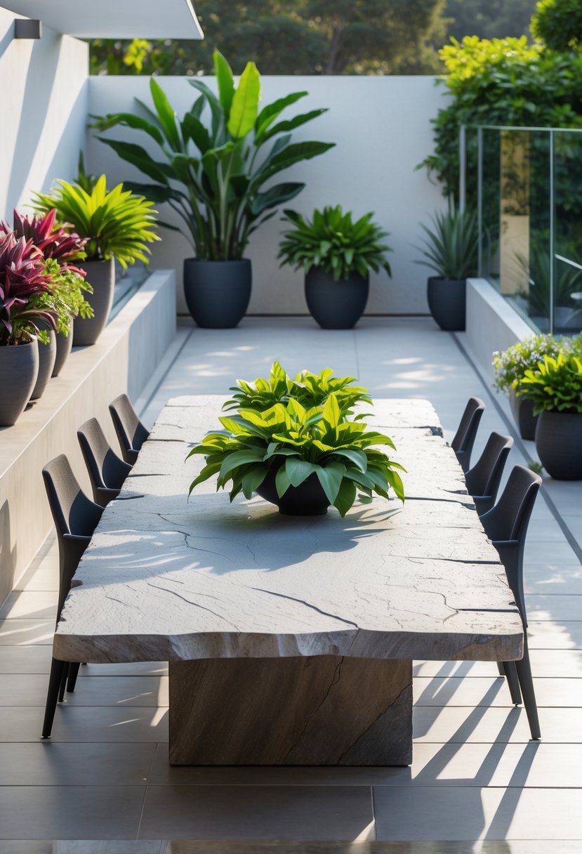 Outdoor dining area with a stone table and several potted plants on a modern terrace.