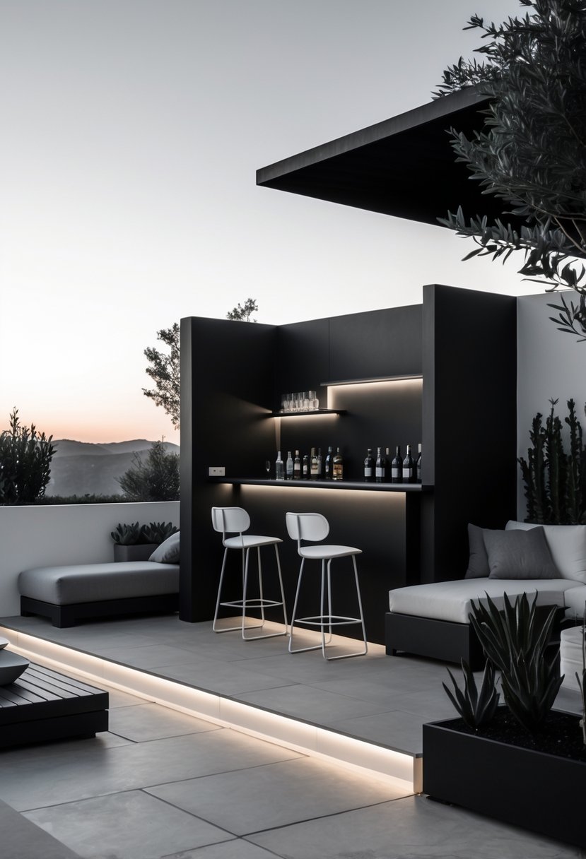 A black and white terrace with a cozy bar nook, outdoor seating, and plants under natural light.
