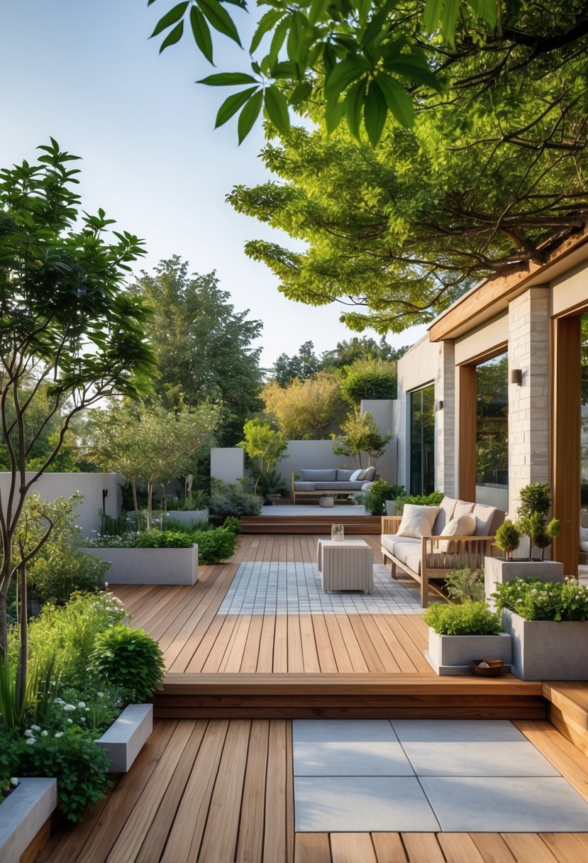 A garden terrace with wooden decking and stone flooring surrounded by green plants and outdoor furniture.