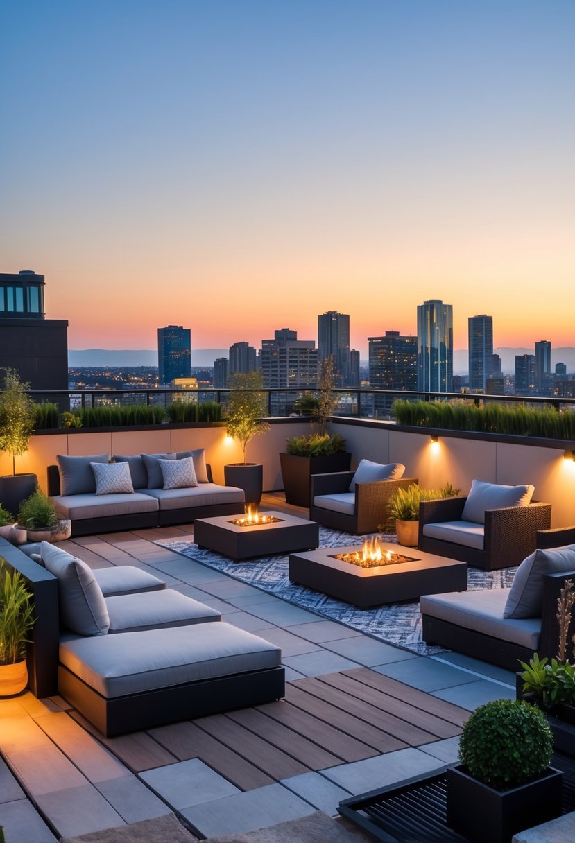 Rooftop terrace with comfortable lounge seating, ambient lighting, plants, and a city skyline in the background.