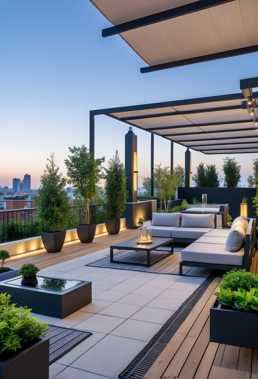 A modern terrace with comfortable seating, plants, wooden decking, and a pergola overlooking a city skyline.