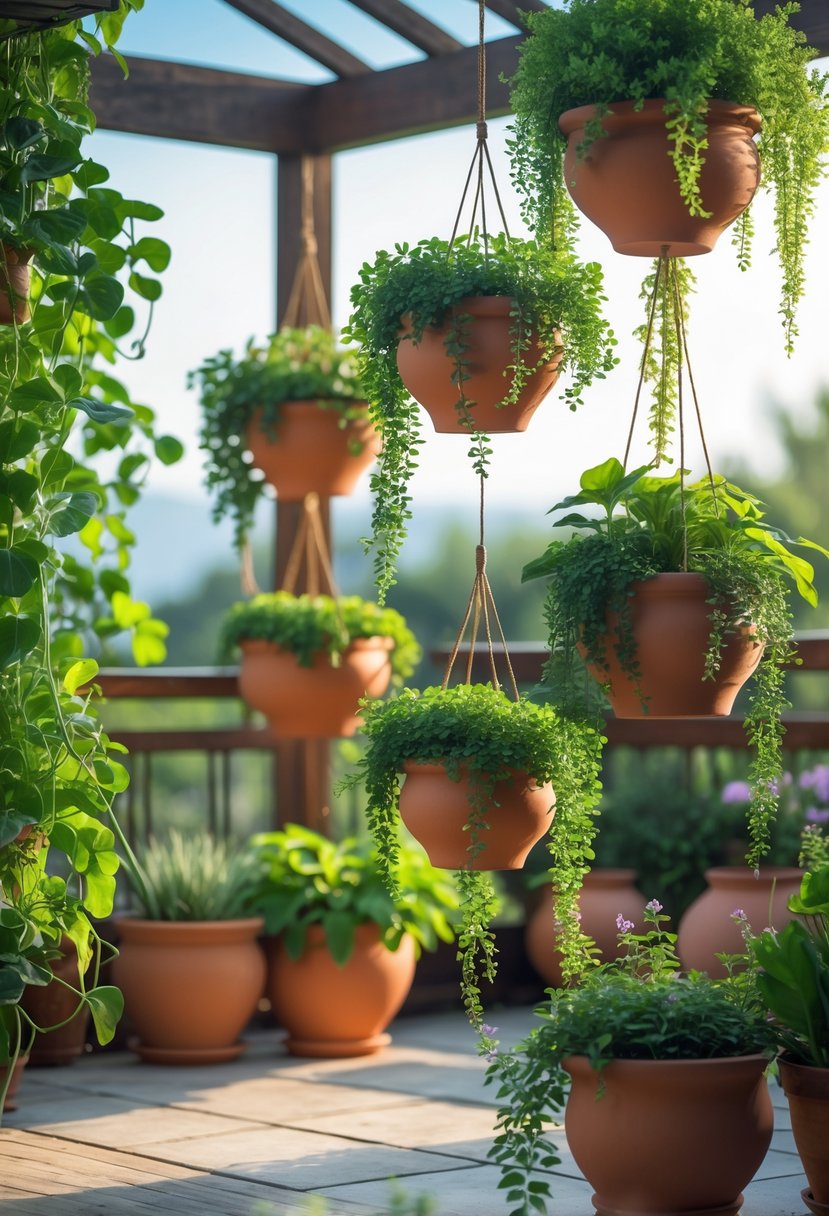 Terrace with hanging terracotta pots arranged in tiers, filled with various green plants and vines.