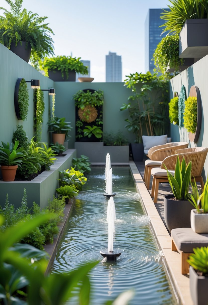 A green terrace with small water fountains, lush plants, and outdoor seating creating a tranquil outdoor space.