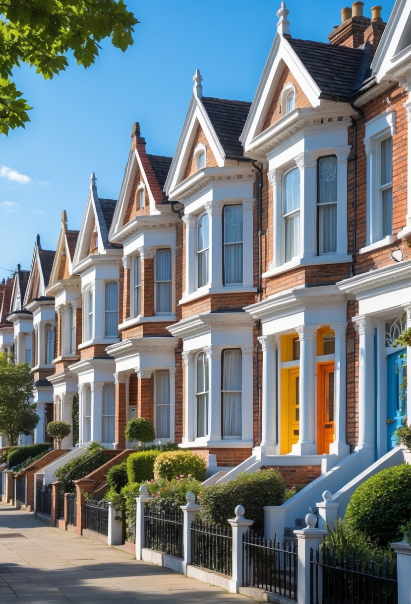 A row of ten well-maintained terrace houses along a sunny street with gardens and clear sky.