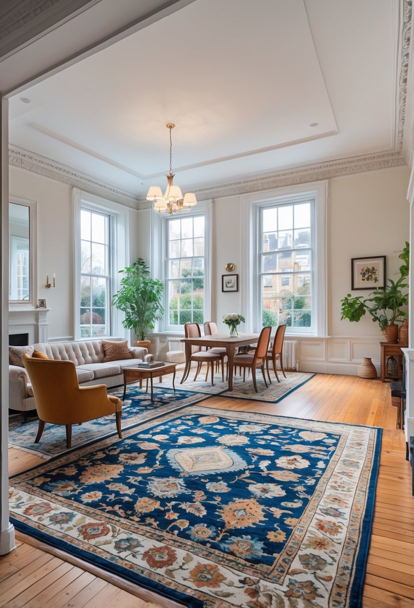 Open-plan living and dining area with rugs and furniture defining separate sitting and dining spaces in a bright room.
