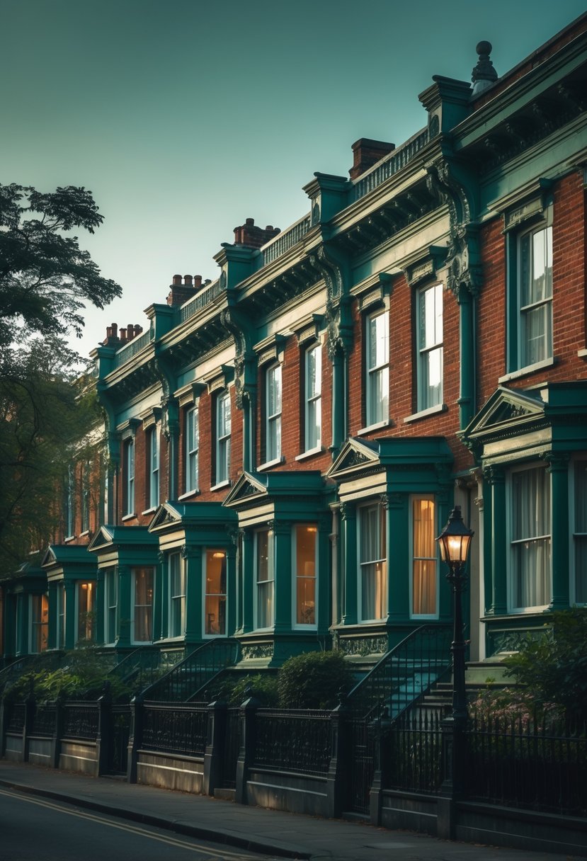 A row of ten Victorian terrace houses on a quiet street with greenery and vintage-style street lamps.