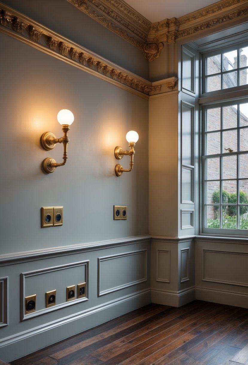 Interior of a Victorian terrace room with brass light fixtures and outlets, ornate moldings, and large windows letting in natural light.