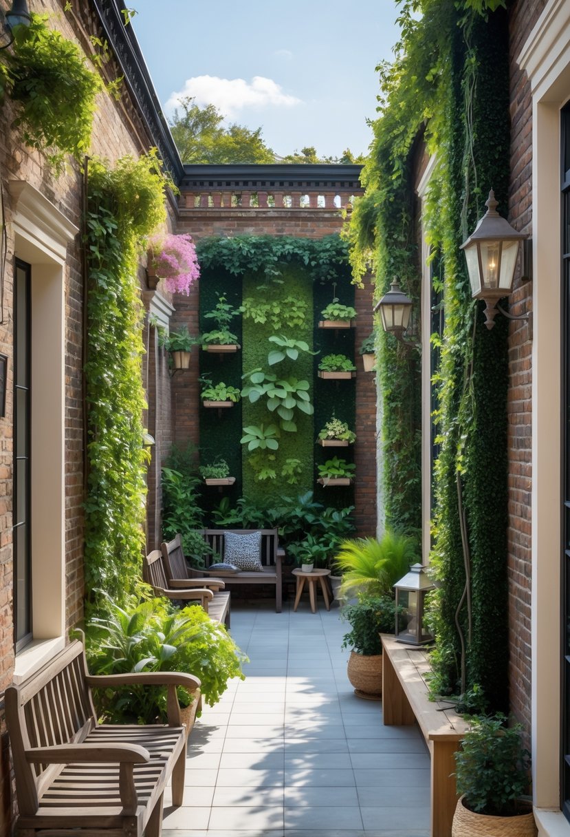Narrow outdoor terraces with vertical gardens featuring various plants growing on walls and trellises, surrounded by Victorian architectural details.