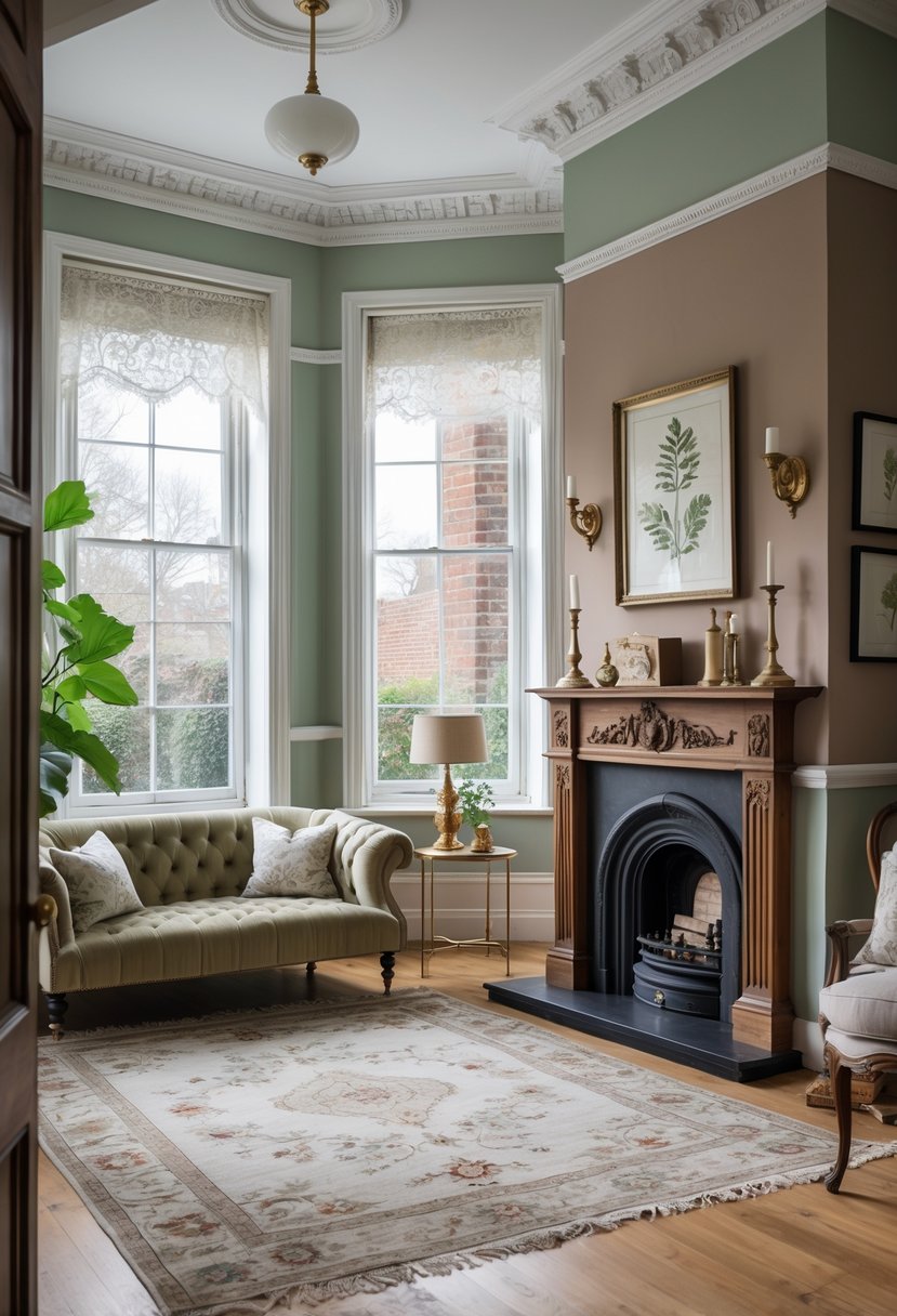 Interior of a Victorian terrace living room with muted colored walls, vintage furniture, and natural light coming through large windows.