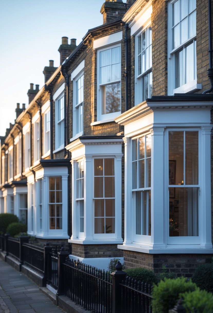 Exterior view of a row of Victorian terrace houses with multiple sash windows on the front facade.