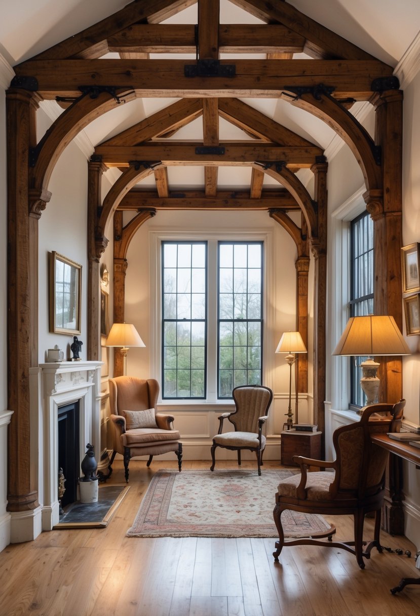 Interior of a Victorian terrace home with exposed wooden beams, classic furniture, and large windows letting in natural light.