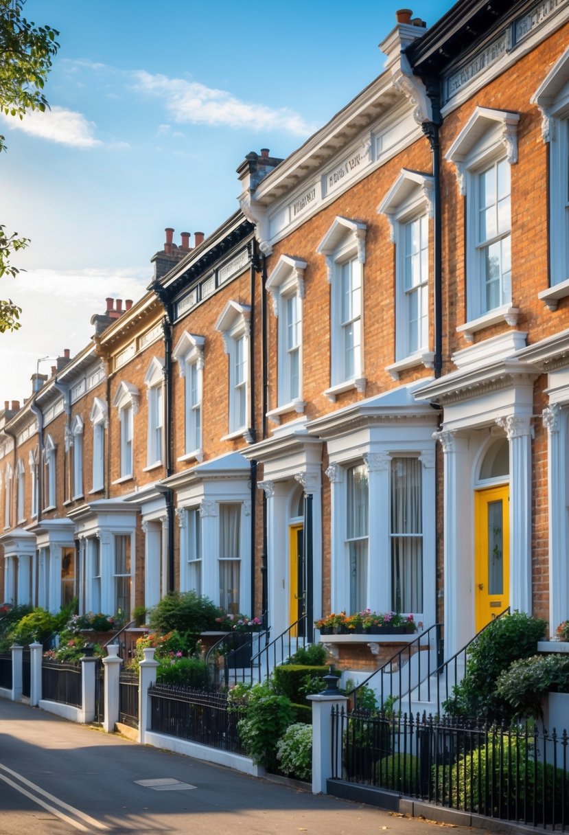 A row of ten beautifully maintained Victorian terrace houses along a quiet street with greenery and clear blue sky.
