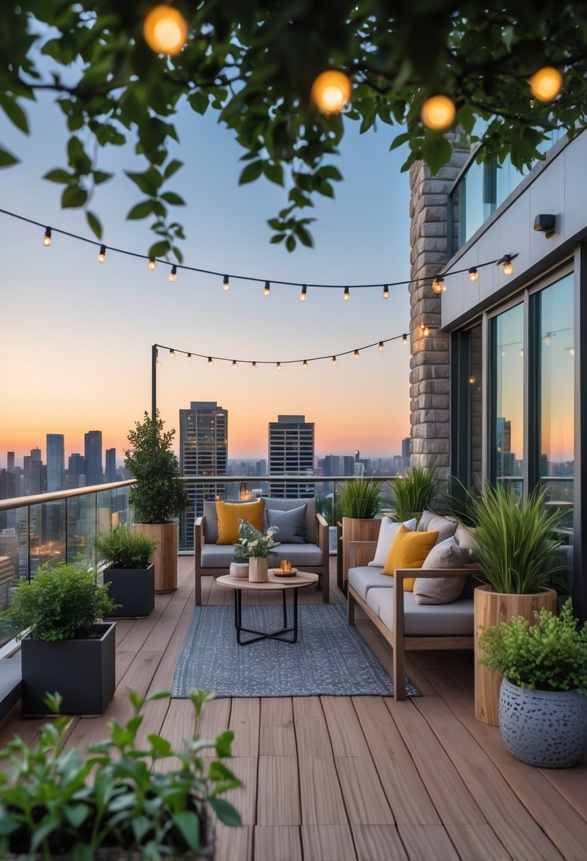 A modern apartment terrace with outdoor furniture, plants, string lights, and a city skyline view at sunset.