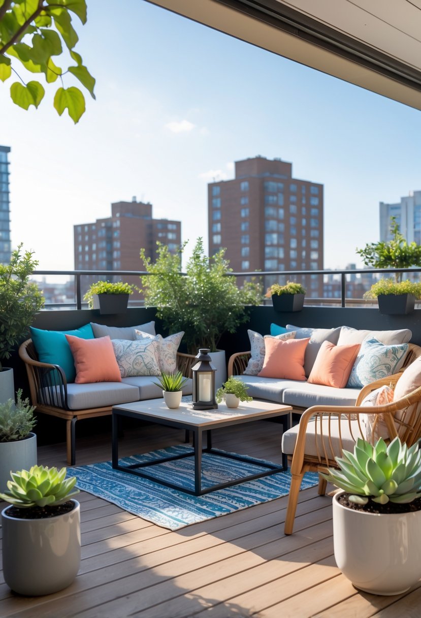 An apartment terrace with a cozy seating area featuring cushioned outdoor furniture and potted plants.