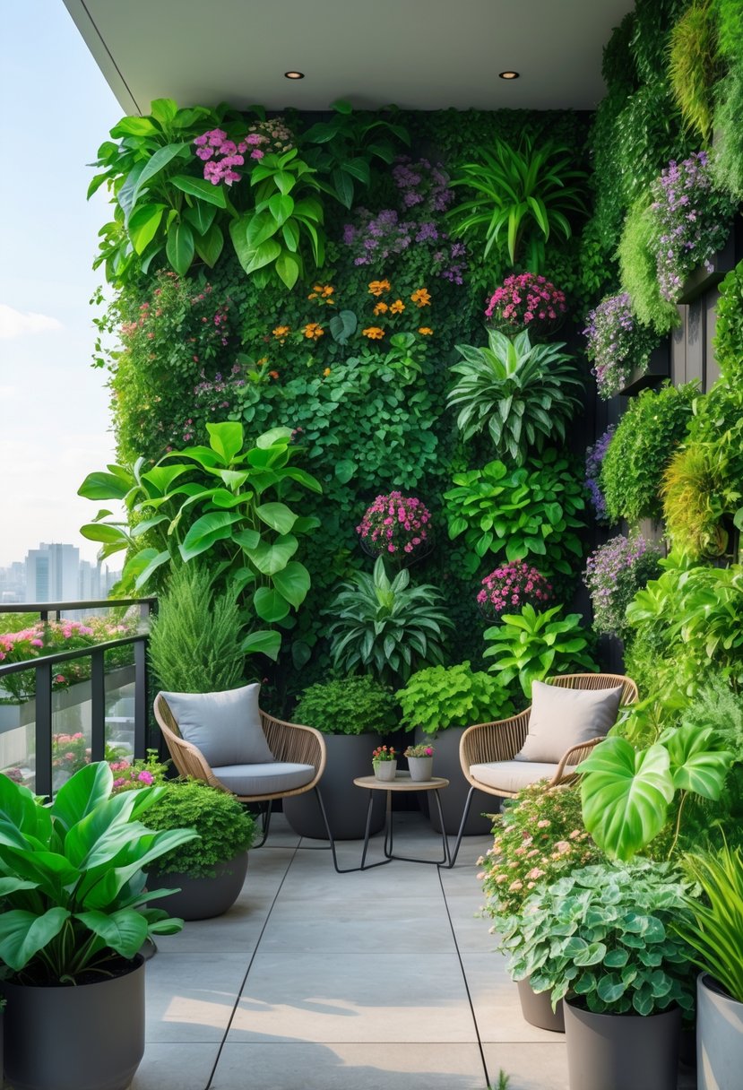 Apartment terrace with various potted plants and vertical gardens covering the walls, featuring outdoor seating and natural daylight.