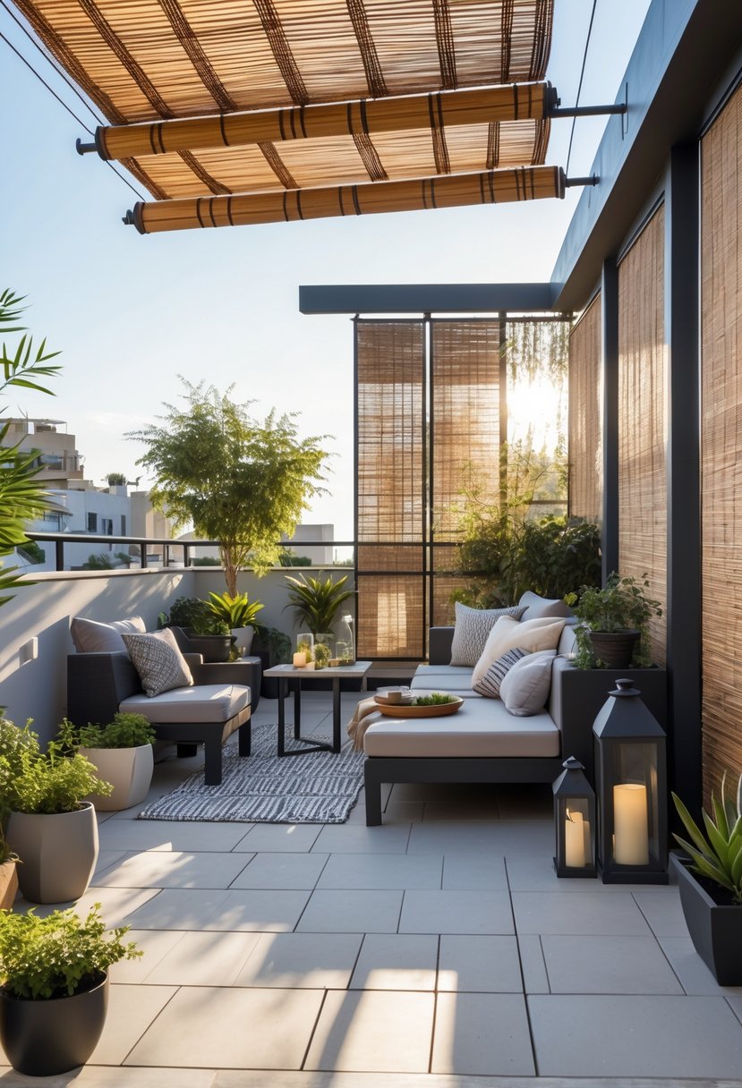 Apartment terrace with bamboo shades and privacy screens, featuring outdoor seating, plants, and a dining area.
