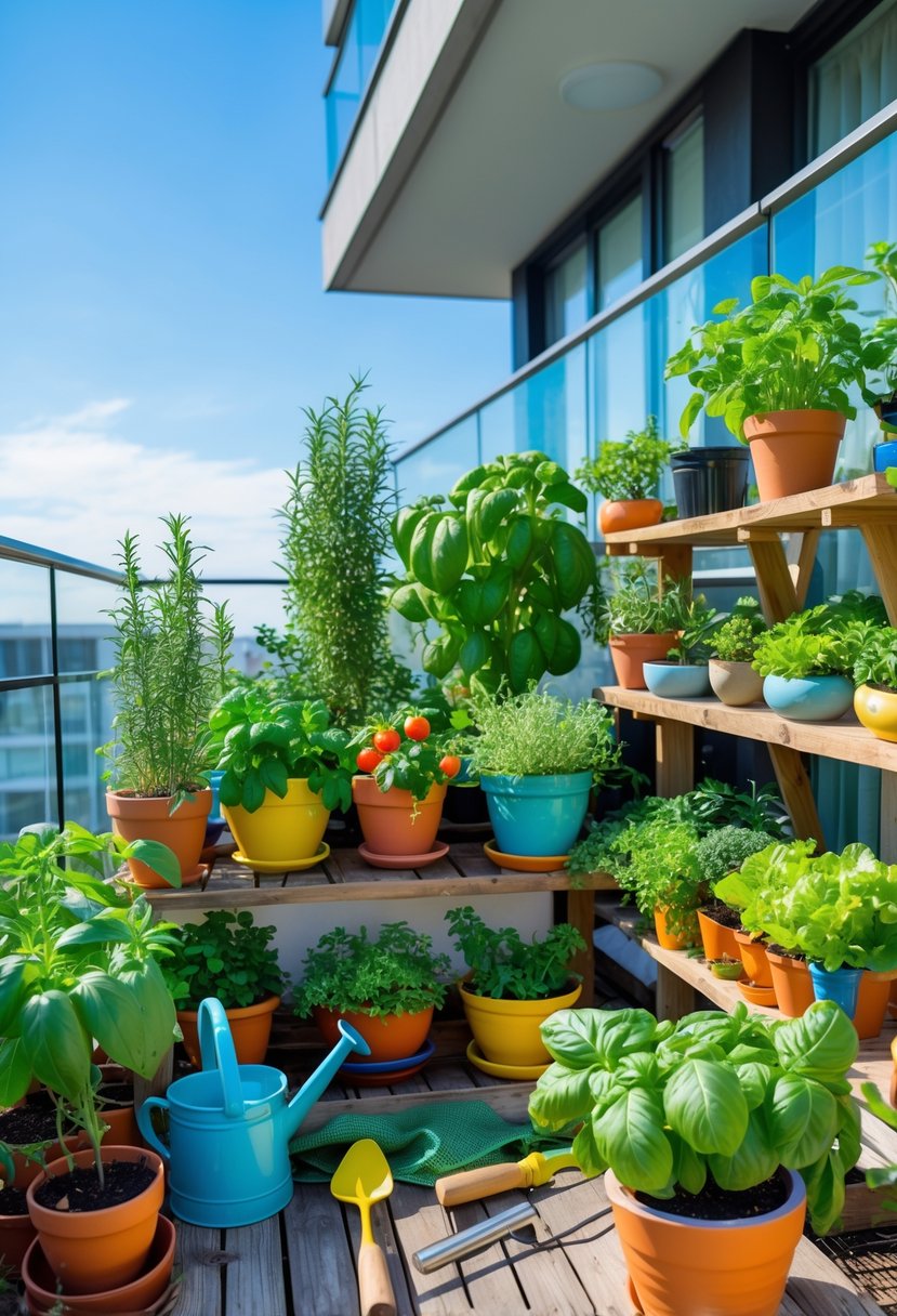A small apartment terrace with various potted herbs and vegetables arranged on shelves and tables, bathed in sunlight.