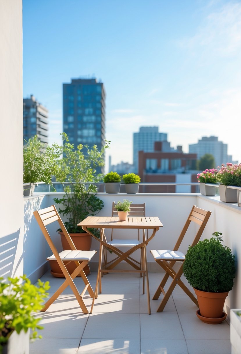 Apartment terrace with compact foldable table and chairs, potted plants, and city buildings in the background.