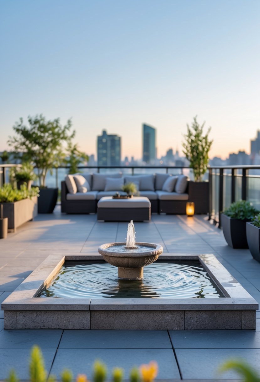 An apartment terrace with a small water fountain, outdoor seating, and plants under a clear sky.