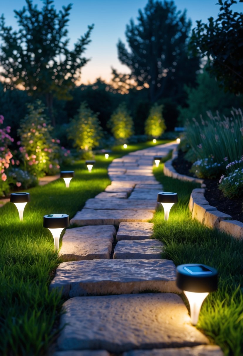 A stone pathway in a garden lit by 15 solar stake lights along its edges during twilight.