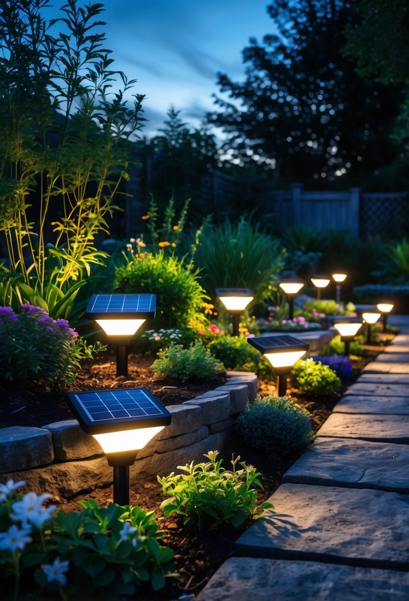 A garden at dusk lit by multiple solar-powered spotlights highlighting plants and a stone pathway.