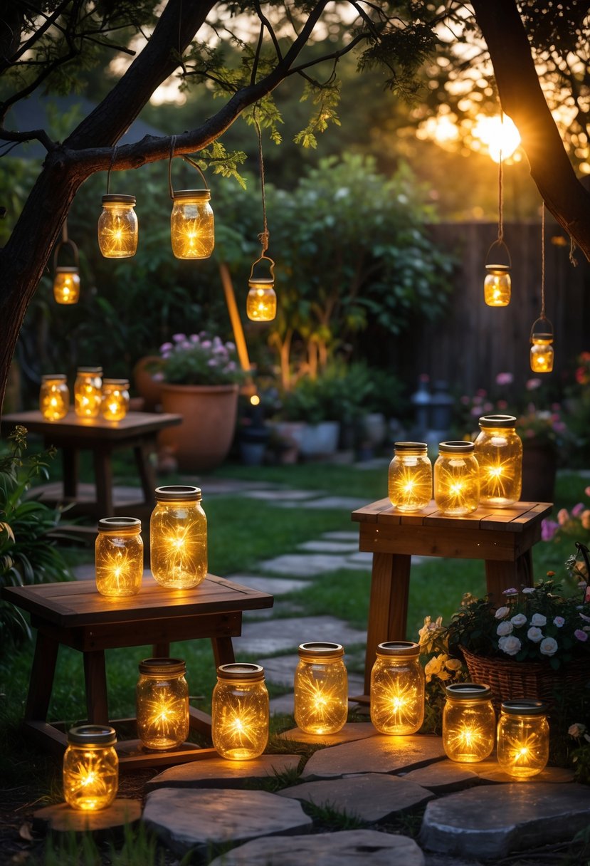 Outdoor garden scene with 15 glowing DIY sun jar solar lamps placed on tables, hanging from trees, and along a stone pathway surrounded by plants and flowers.