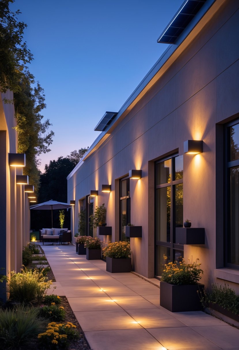 Outdoor patio area at twilight illuminated by multiple solar-powered wall sconces mounted on exterior walls, surrounded by plants and outdoor furniture.