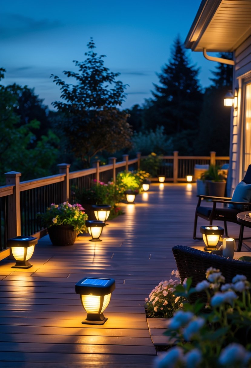 Outdoor deck and patio area at dusk with 15 solar-powered lights illuminating the space, surrounded by plants and outdoor furniture.