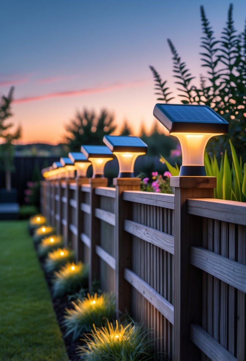 A row of wooden fence posts with solar-powered caps glowing softly in a garden at dusk.