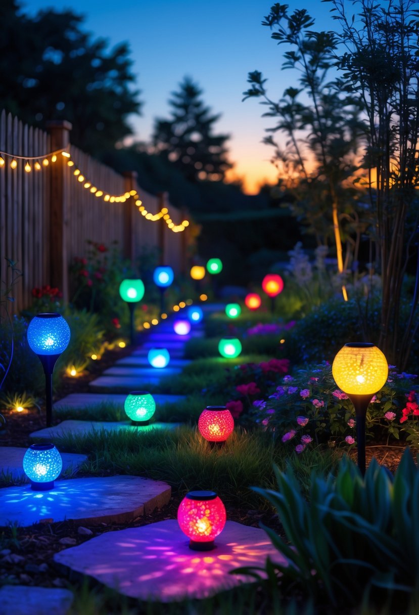 A garden at twilight with 15 solar-powered color-changing lights illuminating a pathway, trees, and flower beds in various colors.