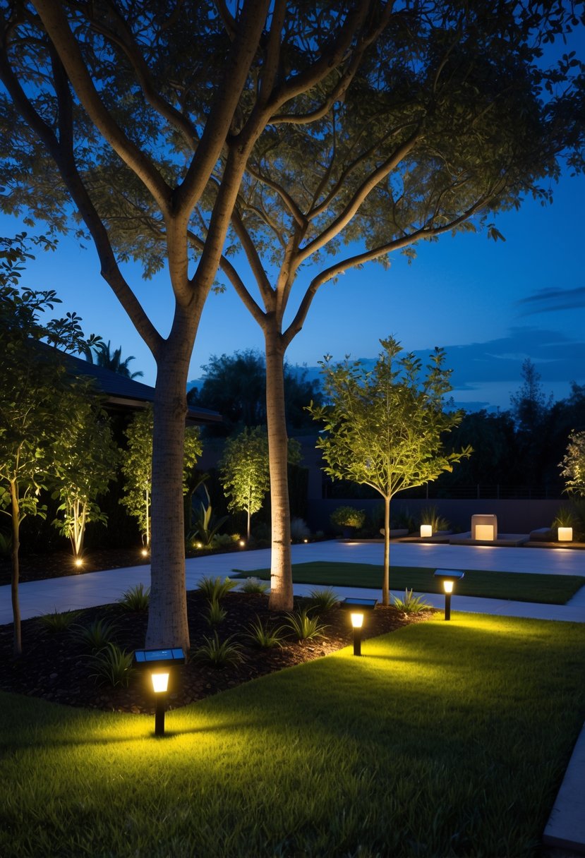 Outdoor garden at dusk with 15 solar-powered lights illuminating trees from below, creating a warm and inviting atmosphere.