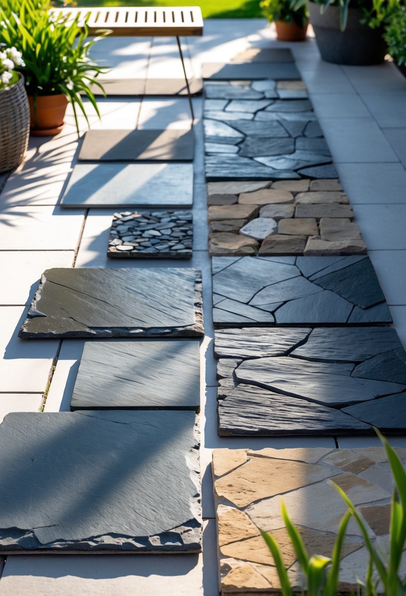 An outdoor patio showcasing twelve different types of slate tiles arranged neatly on the ground with plants and outdoor elements around them.