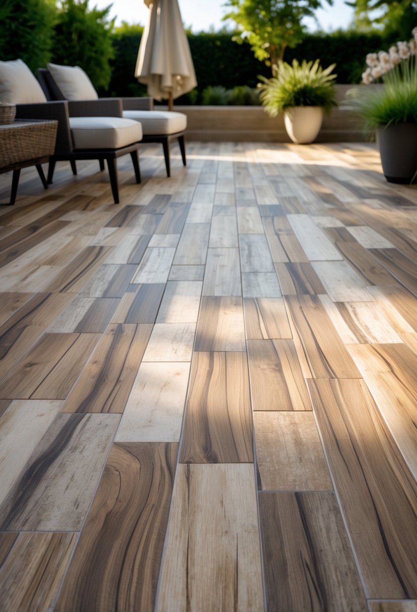 Outdoor patio with wood-look porcelain tiles, seating area, and surrounding greenery.