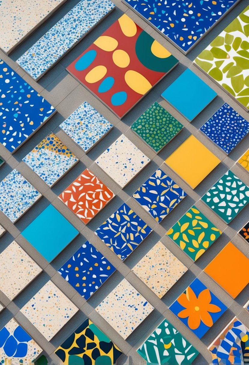 A variety of colorful terrazzo tiles with bold patterns arranged outdoors on a neutral surface.