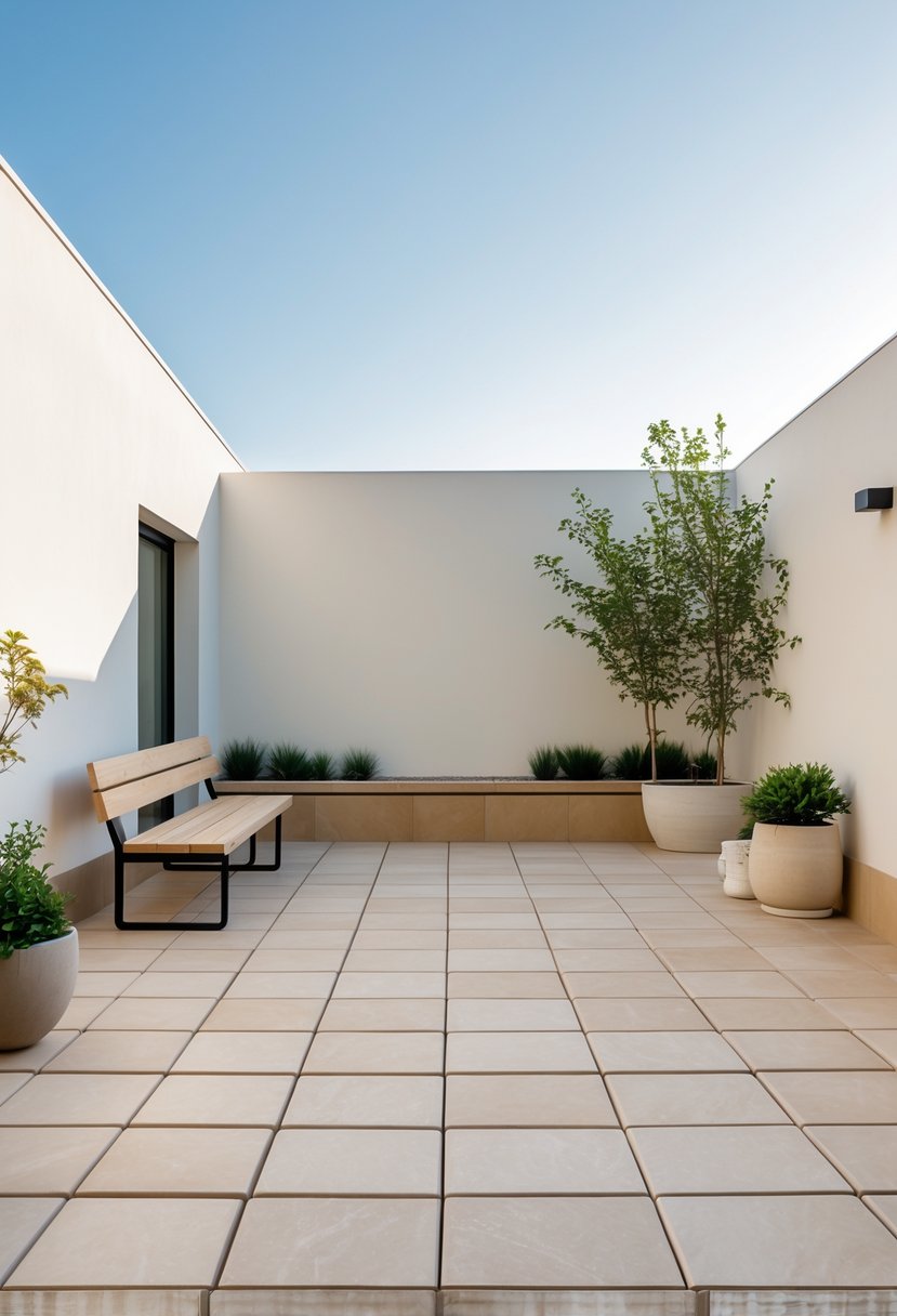 Outdoor patio with beige floor tiles, a wooden bench, potted plants, and a clear sky.